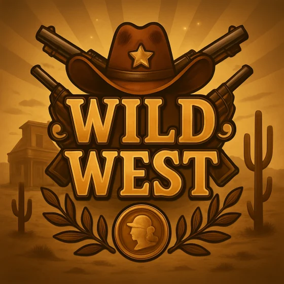 Wild West game artwork: a sheriff hat over crossed rifles in a golden desert